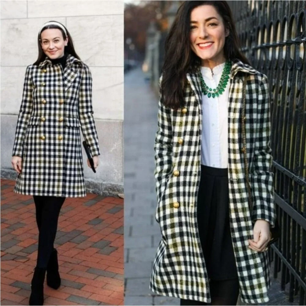 J.Crew Double Breasted Coat in Cypress Black Ivory Oxford Check Plaid Size 2 - Picture 2 of 16